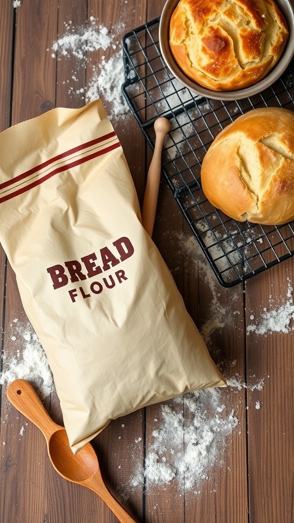 A bag of bread flour with kneaded dough and a baked loaf of bread on a wooden table.
